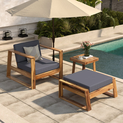 U_STYLE Acacia Wood Outdoor Lounge Set - Chair and Ottoman with Removable Cushions, All - Weather Outdoor Chaise Lounge/Daybed, Perfect for Patios, Balconies, and Gardens - 1st Choice Furniture Direct