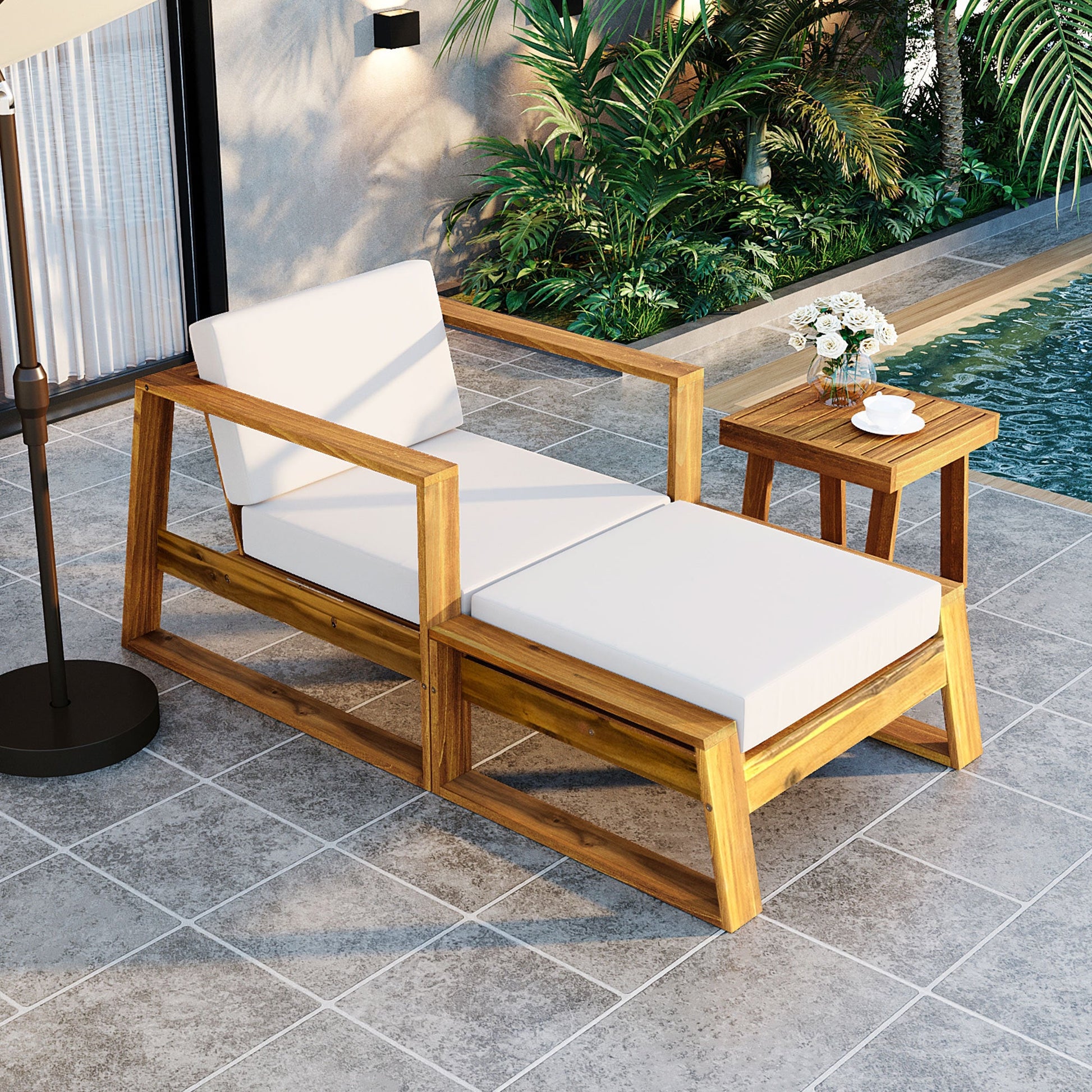 U_STYLE Acacia Wood Outdoor Lounge Set - Chair and Ottoman with Removable Cushions, All - Weather Outdoor Chaise Lounge/Daybed, Perfect for Patios, Balconies, and Gardens - 1st Choice Furniture Direct