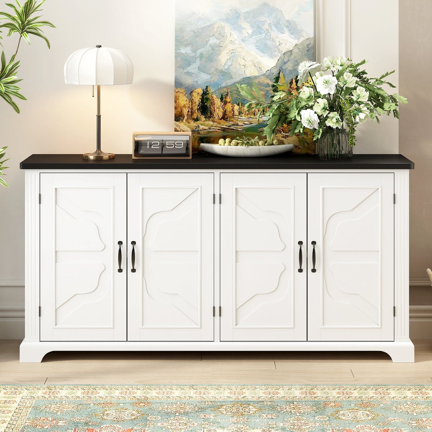 U_STYLE American Country Style Wooden Sideboard with Pine Doors and Legs, 4 Metal Handles, for Hallway Entryway Living Room Dining Room - 1st Choice Furniture Direct