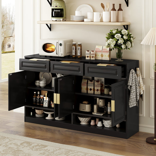 U - Style Farmhouse Sideboard with 3 Drawers & 4 Doors,59.1' Multi - Functional Storage Buffet with Adjustable Shelf and Open Storage Compartments, Suitable for Dining Room, Living Room, Entryway. - 1st Choice Furniture Direct