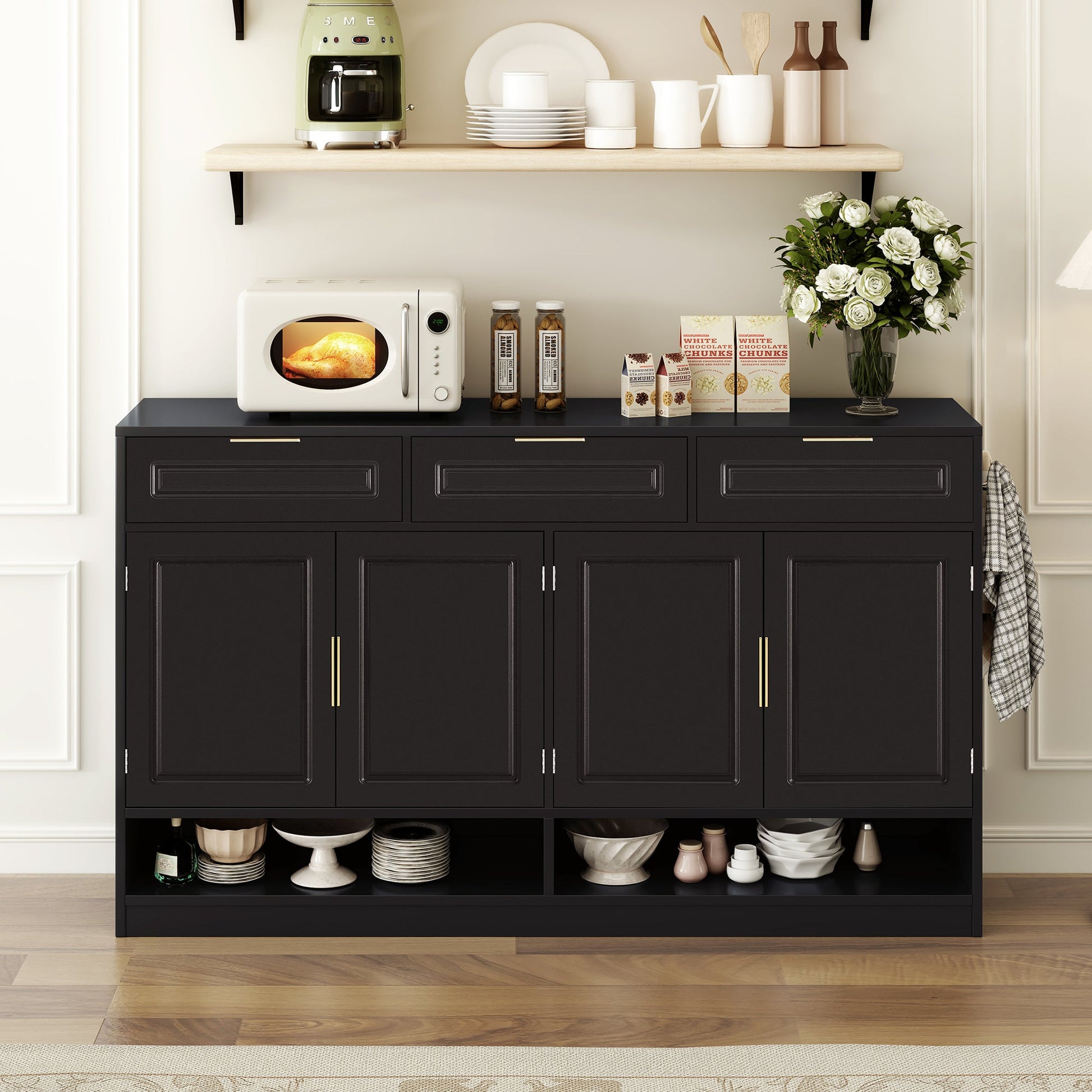 U - Style Farmhouse Sideboard with 3 Drawers & 4 Doors,59.1' Multi - Functional Storage Buffet with Adjustable Shelf and Open Storage Compartments, Suitable for Dining Room, Living Room, Entryway. - 1st Choice Furniture Direct