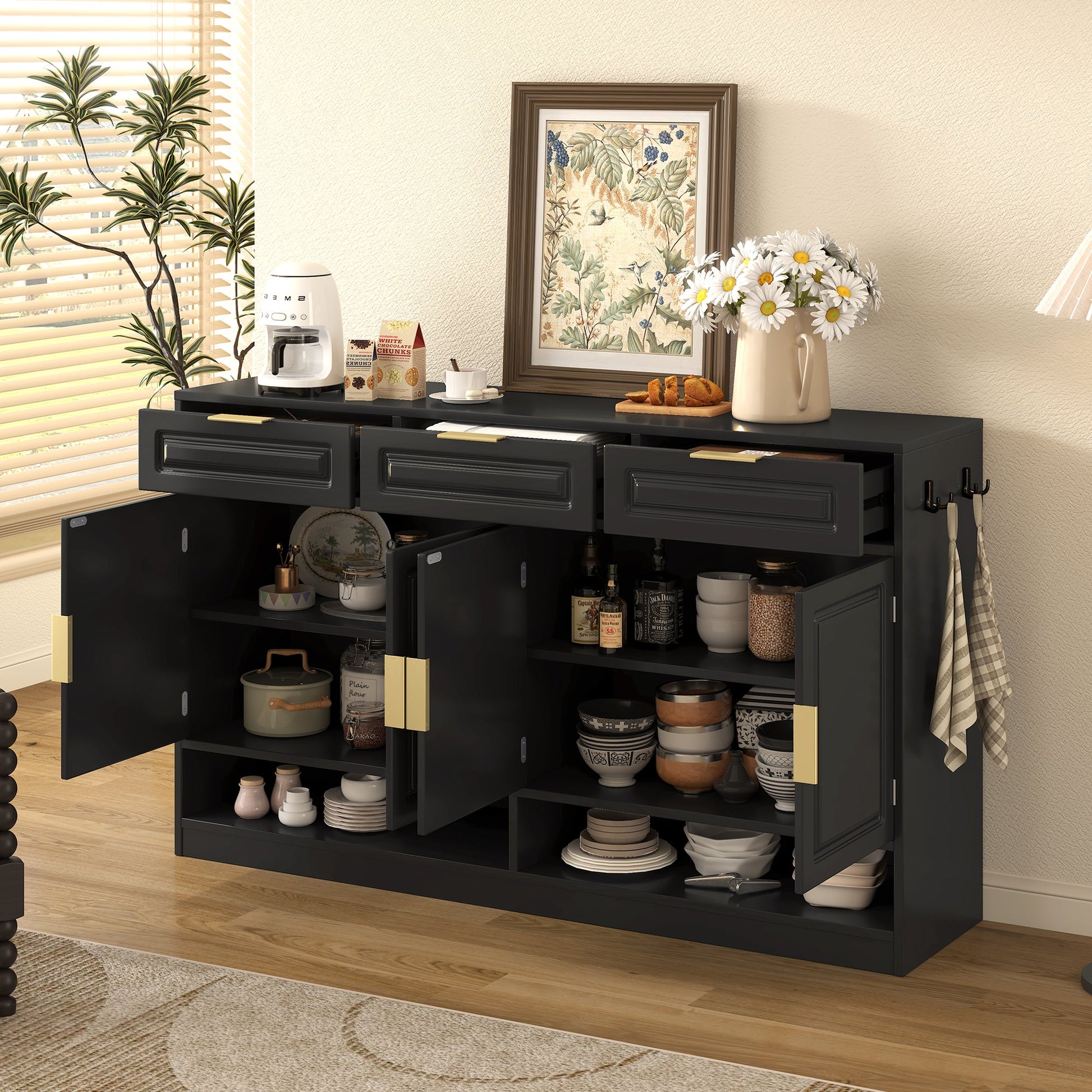 U - Style Farmhouse Sideboard with 3 Drawers & 4 Doors,59.1' Multi - Functional Storage Buffet with Adjustable Shelf and Open Storage Compartments, Suitable for Dining Room, Living Room, Entryway. - 1st Choice Furniture Direct