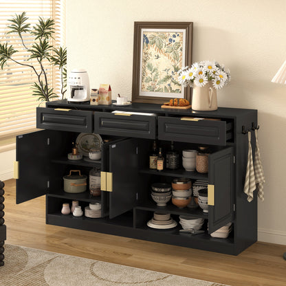 U - Style Farmhouse Sideboard with 3 Drawers & 4 Doors,59.1' Multi - Functional Storage Buffet with Adjustable Shelf and Open Storage Compartments, Suitable for Dining Room, Living Room, Entryway. - 1st Choice Furniture Direct