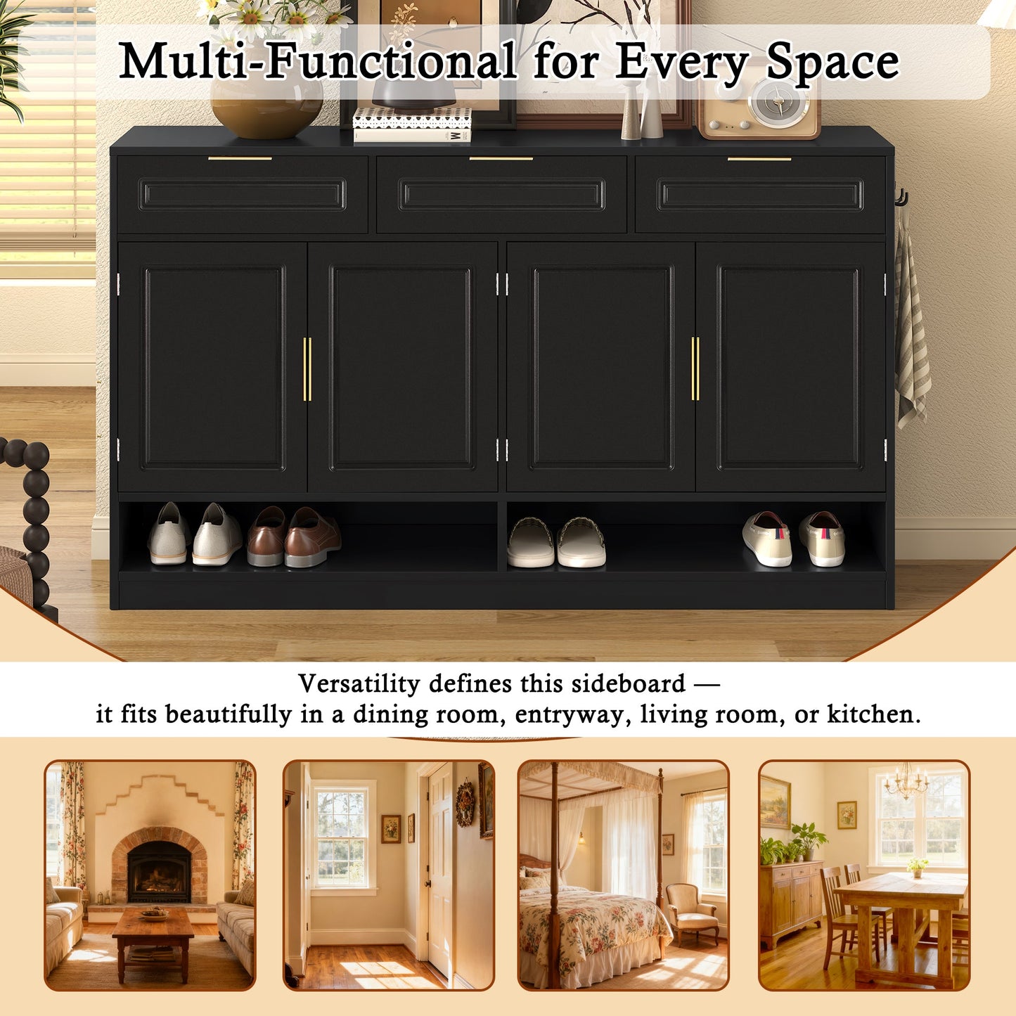 U - Style Farmhouse Sideboard with 3 Drawers & 4 Doors,59.1' Multi - Functional Storage Buffet with Adjustable Shelf and Open Storage Compartments, Suitable for Dining Room, Living Room, Entryway. - 1st Choice Furniture Direct