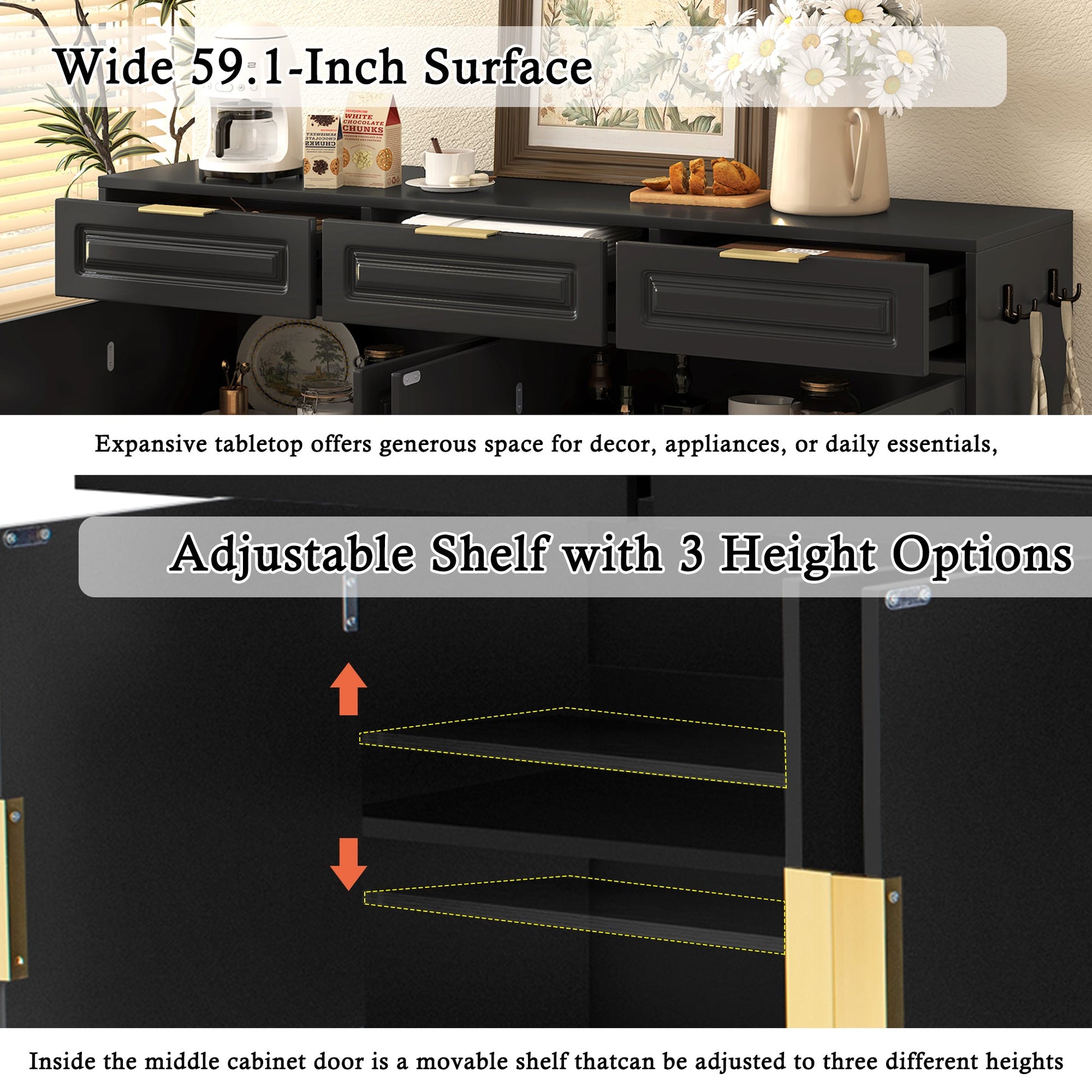 U - Style Farmhouse Sideboard with 3 Drawers & 4 Doors,59.1' Multi - Functional Storage Buffet with Adjustable Shelf and Open Storage Compartments, Suitable for Dining Room, Living Room, Entryway. - 1st Choice Furniture Direct
