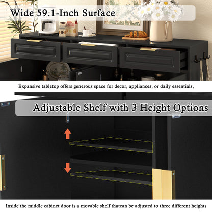 U - Style Farmhouse Sideboard with 3 Drawers & 4 Doors,59.1' Multi - Functional Storage Buffet with Adjustable Shelf and Open Storage Compartments, Suitable for Dining Room, Living Room, Entryway. - 1st Choice Furniture Direct