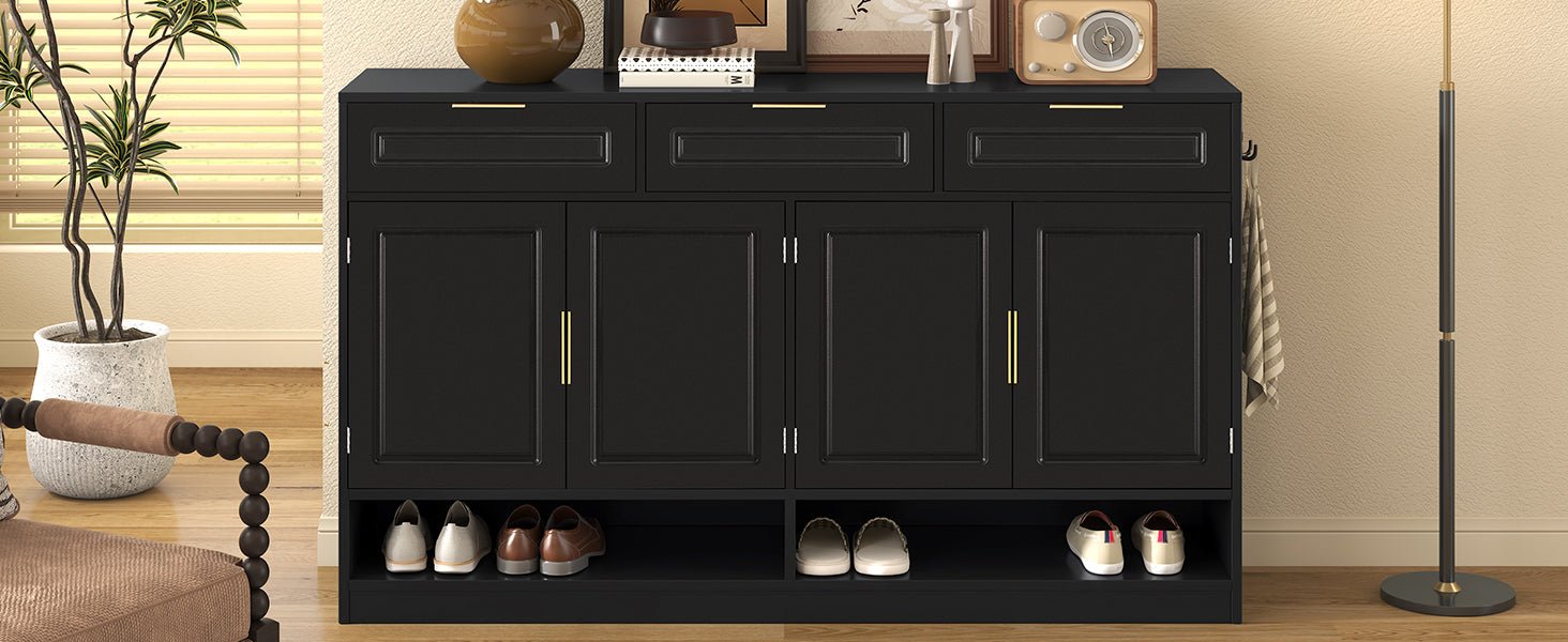 U - Style Farmhouse Sideboard with 3 Drawers & 4 Doors,59.1' Multi - Functional Storage Buffet with Adjustable Shelf and Open Storage Compartments, Suitable for Dining Room, Living Room, Entryway. - 1st Choice Furniture Direct