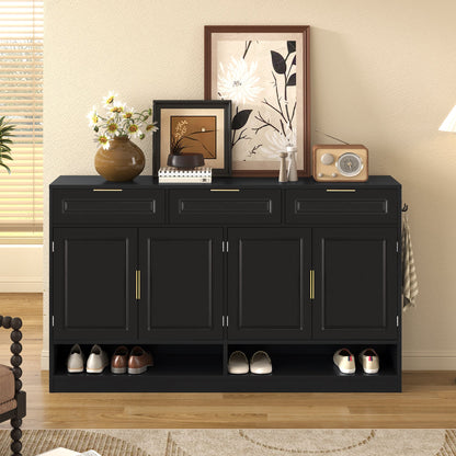 U - Style Farmhouse Sideboard with 3 Drawers & 4 Doors,59.1' Multi - Functional Storage Buffet with Adjustable Shelf and Open Storage Compartments, Suitable for Dining Room, Living Room, Entryway. - 1st Choice Furniture Direct