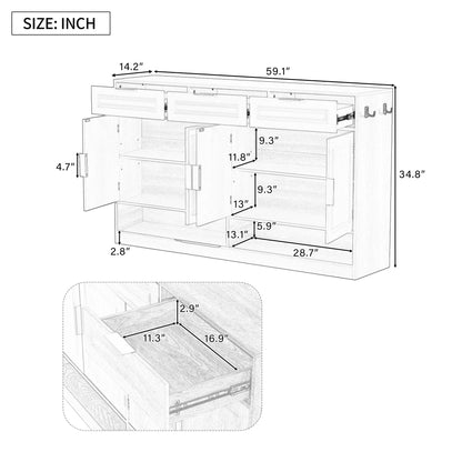 U - Style Farmhouse Sideboard with 3 Drawers & 4 Doors,59.1' Multi - Functional Storage Buffet with Adjustable Shelf and Open Storage Compartments, Suitable for Dining Room, Living Room, Entryway. - 1st Choice Furniture Direct