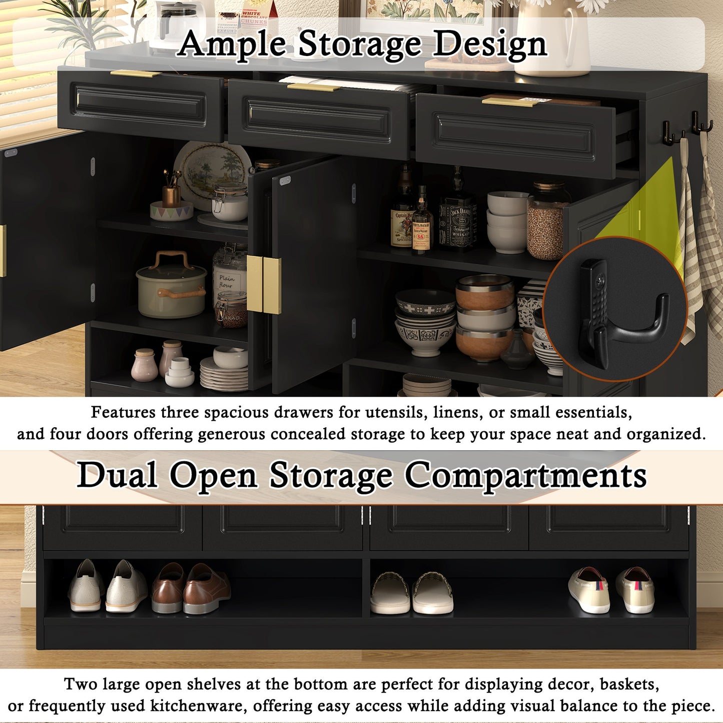 U - Style Farmhouse Sideboard with 3 Drawers & 4 Doors,59.1' Multi - Functional Storage Buffet with Adjustable Shelf and Open Storage Compartments, Suitable for Dining Room, Living Room, Entryway. - 1st Choice Furniture Direct