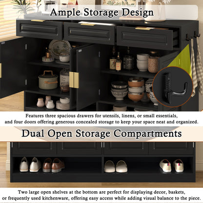U - Style Farmhouse Sideboard with 3 Drawers & 4 Doors,59.1' Multi - Functional Storage Buffet with Adjustable Shelf and Open Storage Compartments, Suitable for Dining Room, Living Room, Entryway. - 1st Choice Furniture Direct