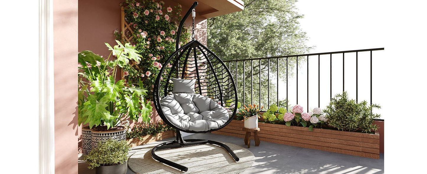U_STYLE Indoor Outdoor Hanging Hammock Chair with Stand, Foldable Rattan Egg Swing Chair with Iron Frame and Plush Cushion & Removable Headrest,Suitable for Porch Garden,Balcony,Indoor - 1st Choice Furniture Direct