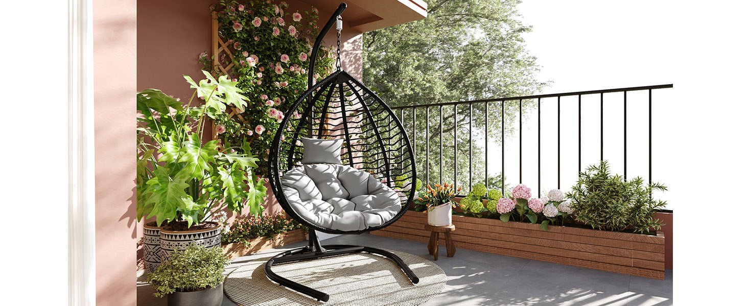 U_STYLE Indoor Outdoor Hanging Hammock Chair with Stand, Foldable Rattan Egg Swing Chair with Iron Frame and Plush Cushion & Removable Headrest,Suitable for Porch Garden,Balcony,Indoor - 1st Choice Furniture Direct