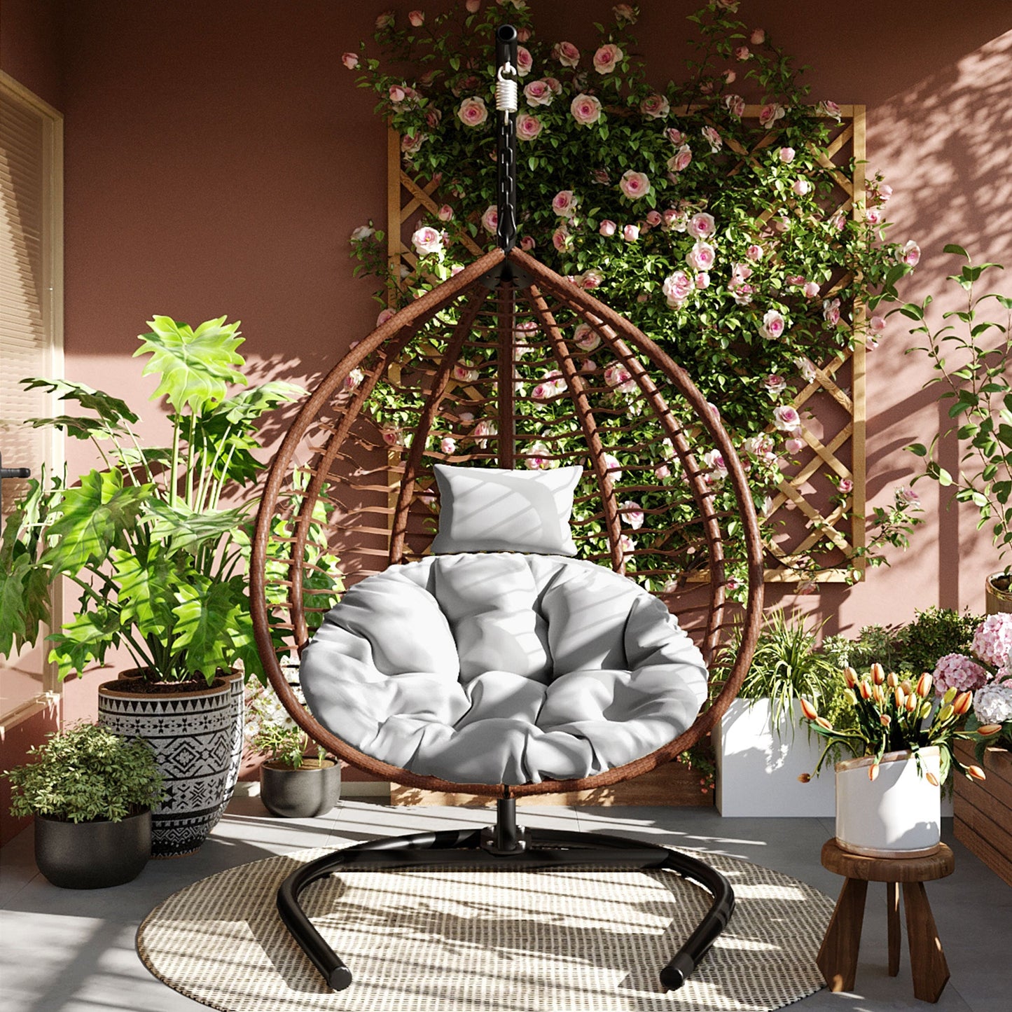 U_STYLE Indoor Outdoor Hanging Hammock Chair with Stand, Foldable Rattan Egg Swing Chair with Iron Frame and Plush Cushion & Removable Headrest,Suitable for Porch Garden,Balcony,Indoor - 1st Choice Furniture Direct