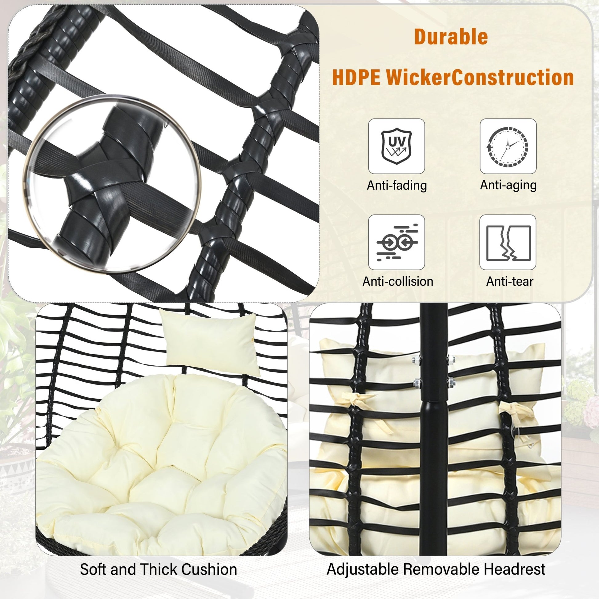 U_STYLE Indoor Outdoor Hanging Hammock Chair with Stand, Foldable Rattan Egg Swing Chair with Iron Frame and Plush Cushion & Removable Headrest,Suitable for Porch Garden,Balcony,Indoor - 1st Choice Furniture Direct