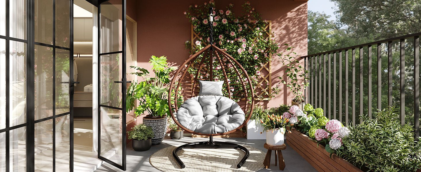U_STYLE Indoor Outdoor Hanging Hammock Chair with Stand, Foldable Rattan Egg Swing Chair with Iron Frame and Plush Cushion & Removable Headrest,Suitable for Porch Garden,Balcony,Indoor - 1st Choice Furniture Direct