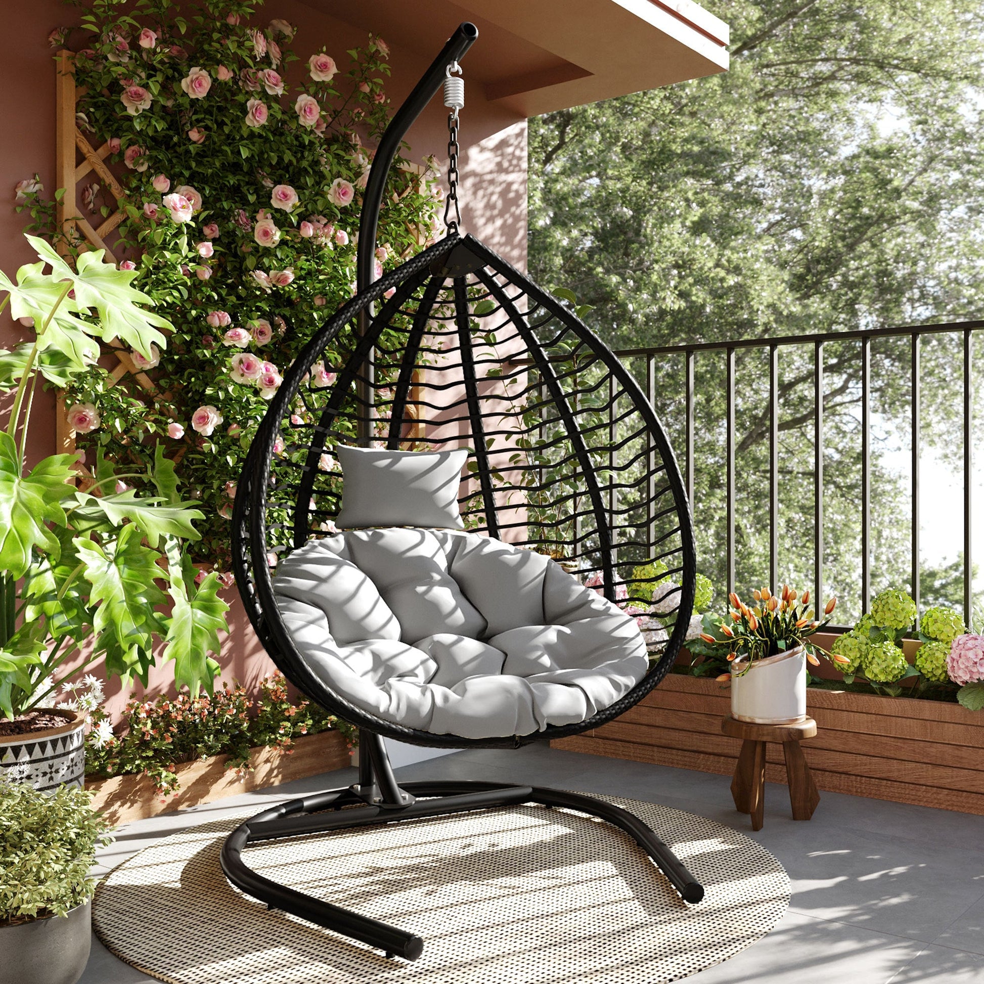 U_STYLE Indoor Outdoor Hanging Hammock Chair with Stand, Foldable Rattan Egg Swing Chair with Iron Frame and Plush Cushion & Removable Headrest,Suitable for Porch Garden,Balcony,Indoor - 1st Choice Furniture Direct