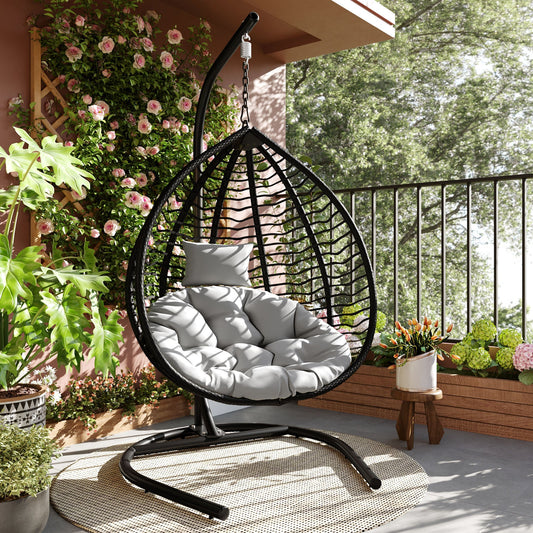 U_STYLE Indoor Outdoor Hanging Hammock Chair with Stand, Foldable Rattan Egg Swing Chair with Iron Frame and Plush Cushion & Removable Headrest,Suitable for Porch Garden,Balcony,Indoor - 1st Choice Furniture Direct
