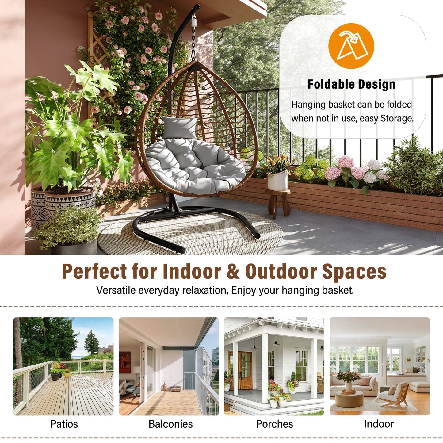 U_STYLE Indoor Outdoor Hanging Hammock Chair with Stand, Foldable Rattan Egg Swing Chair with Iron Frame and Plush Cushion & Removable Headrest,Suitable for Porch Garden,Balcony,Indoor - 1st Choice Furniture Direct