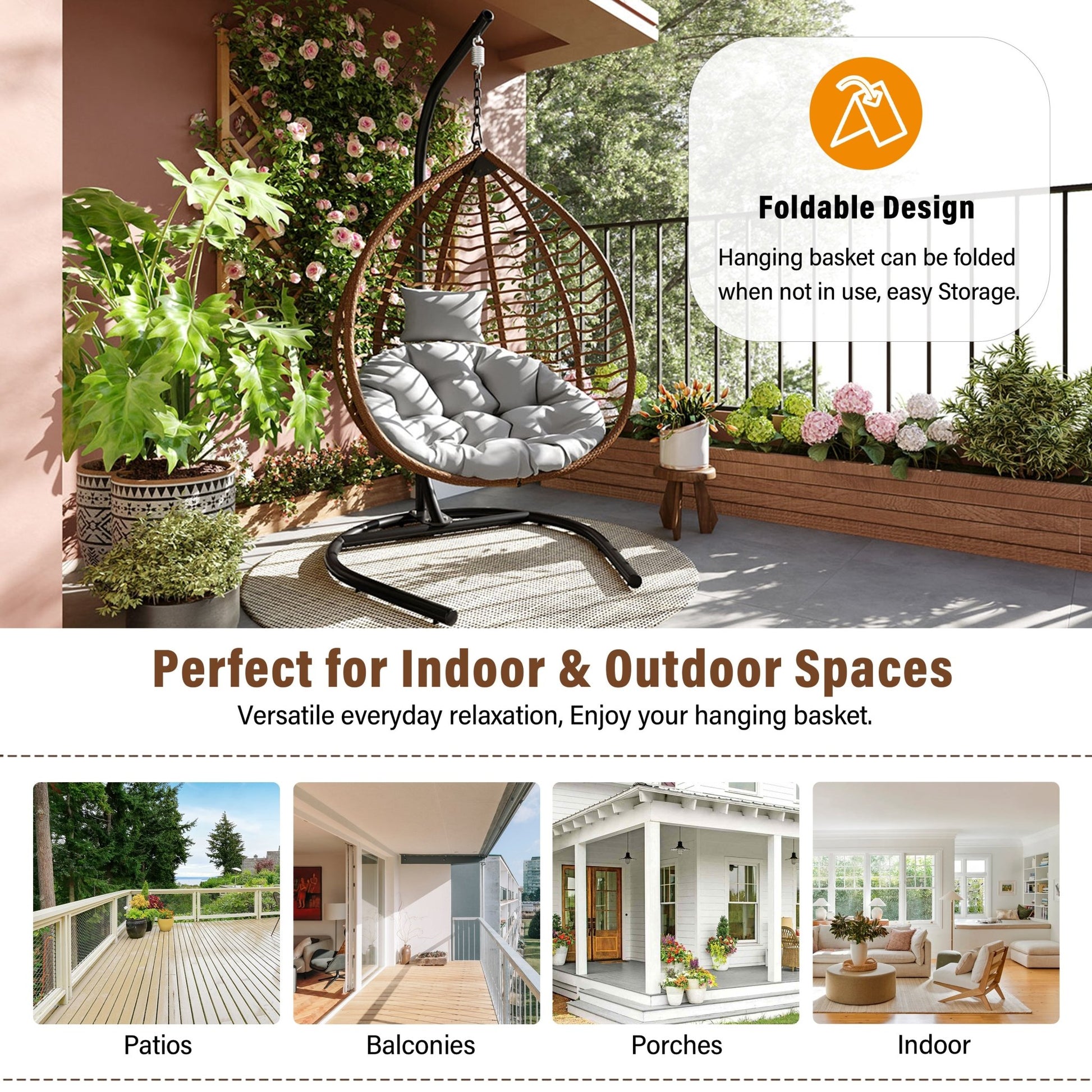 U_STYLE Indoor Outdoor Hanging Hammock Chair with Stand, Foldable Rattan Egg Swing Chair with Iron Frame and Plush Cushion & Removable Headrest,Suitable for Porch Garden,Balcony,Indoor - 1st Choice Furniture Direct
