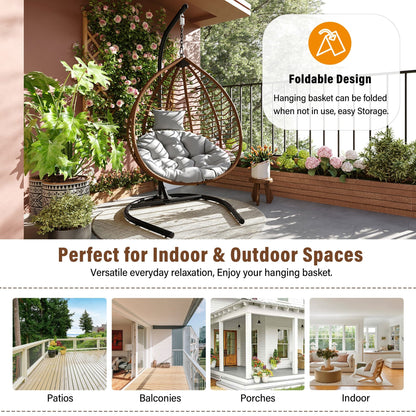 U_STYLE Indoor Outdoor Hanging Hammock Chair with Stand, Foldable Rattan Egg Swing Chair with Iron Frame and Plush Cushion & Removable Headrest,Suitable for Porch Garden,Balcony,Indoor - 1st Choice Furniture Direct