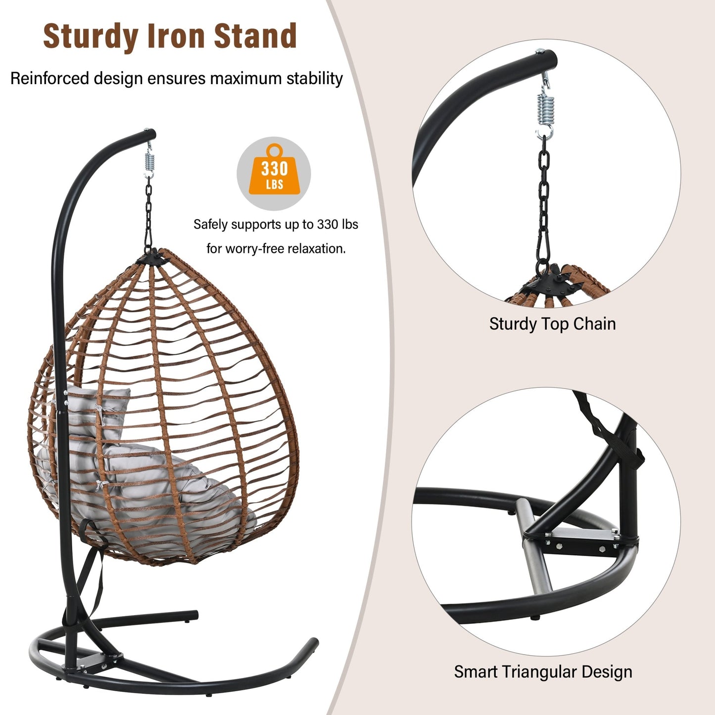 U_STYLE Indoor Outdoor Hanging Hammock Chair with Stand, Foldable Rattan Egg Swing Chair with Iron Frame and Plush Cushion & Removable Headrest,Suitable for Porch Garden,Balcony,Indoor - 1st Choice Furniture Direct