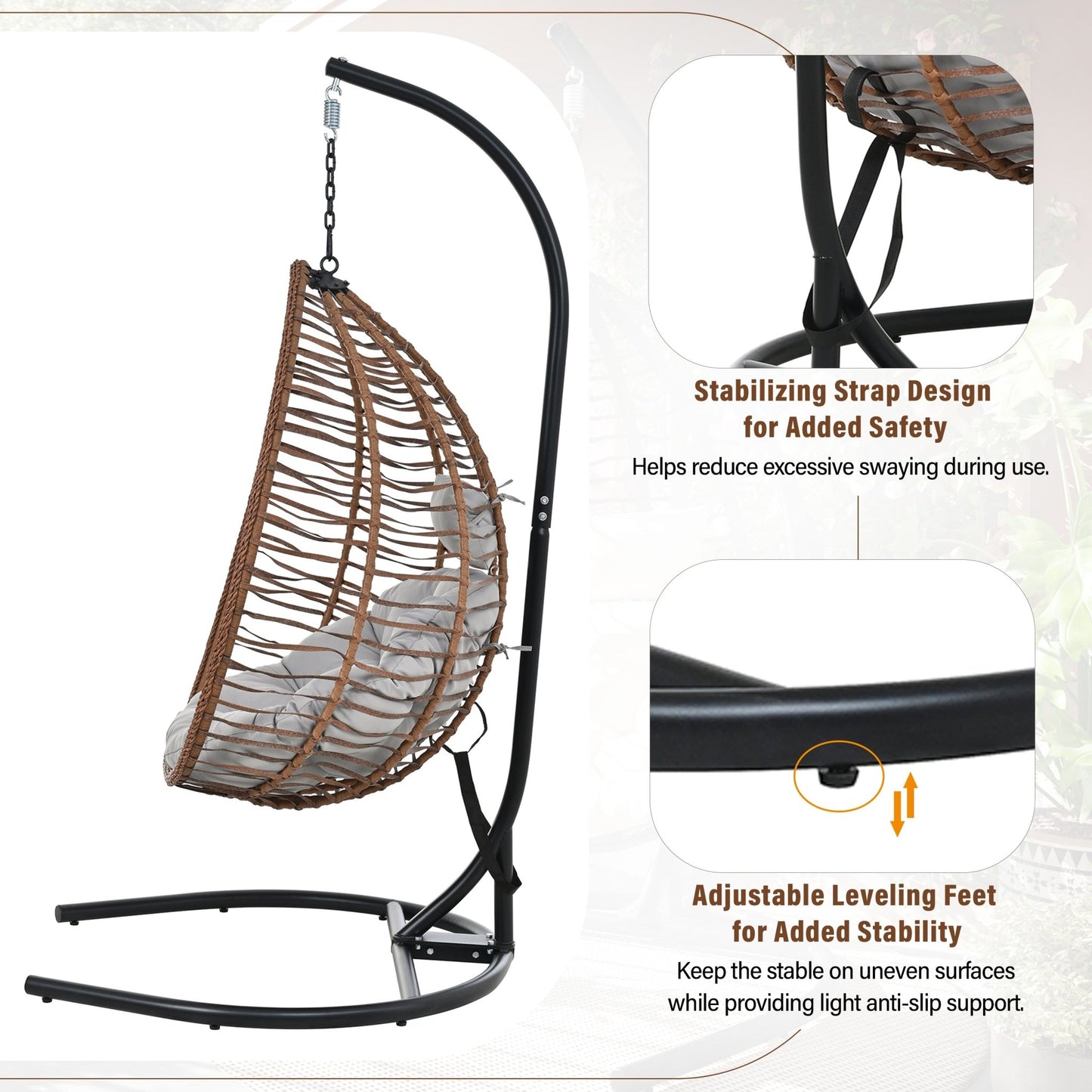 U_STYLE Indoor Outdoor Hanging Hammock Chair with Stand, Foldable Rattan Egg Swing Chair with Iron Frame and Plush Cushion & Removable Headrest,Suitable for Porch Garden,Balcony,Indoor - 1st Choice Furniture Direct
