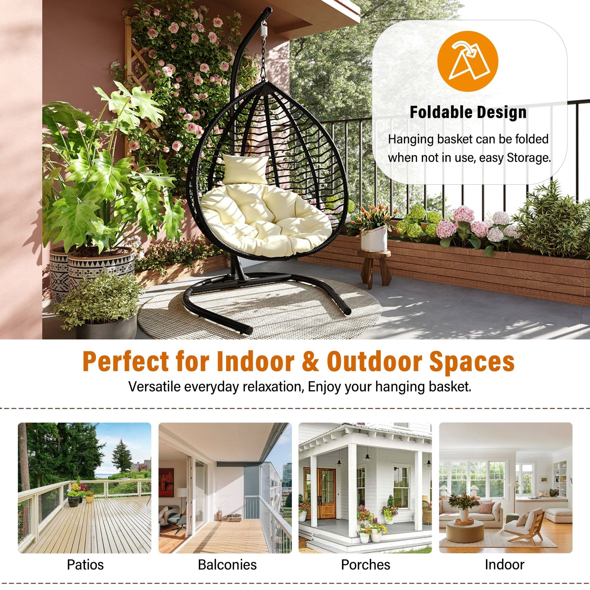 U_STYLE Indoor Outdoor Hanging Hammock Chair with Stand, Foldable Rattan Egg Swing Chair with Iron Frame and Plush Cushion & Removable Headrest,Suitable for Porch Garden,Balcony,Indoor - 1st Choice Furniture Direct