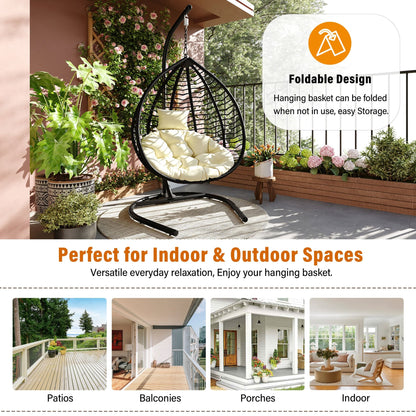 U_STYLE Indoor Outdoor Hanging Hammock Chair with Stand, Foldable Rattan Egg Swing Chair with Iron Frame and Plush Cushion & Removable Headrest,Suitable for Porch Garden,Balcony,Indoor - 1st Choice Furniture Direct