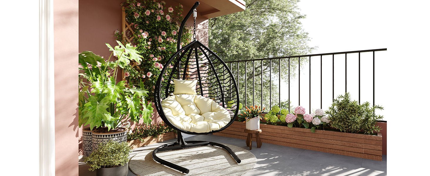 U_STYLE Indoor Outdoor Hanging Hammock Chair with Stand, Foldable Rattan Egg Swing Chair with Iron Frame and Plush Cushion & Removable Headrest,Suitable for Porch Garden,Balcony,Indoor - 1st Choice Furniture Direct