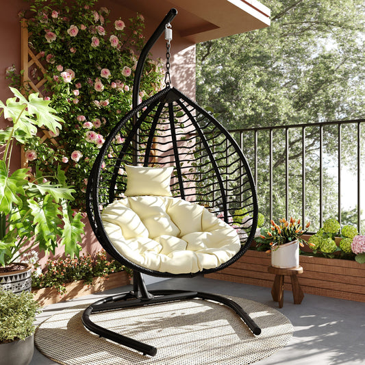 U_STYLE Indoor Outdoor Hanging Hammock Chair with Stand, Foldable Rattan Egg Swing Chair with Iron Frame and Plush Cushion & Removable Headrest,Suitable for Porch Garden,Balcony,Indoor - 1st Choice Furniture Direct