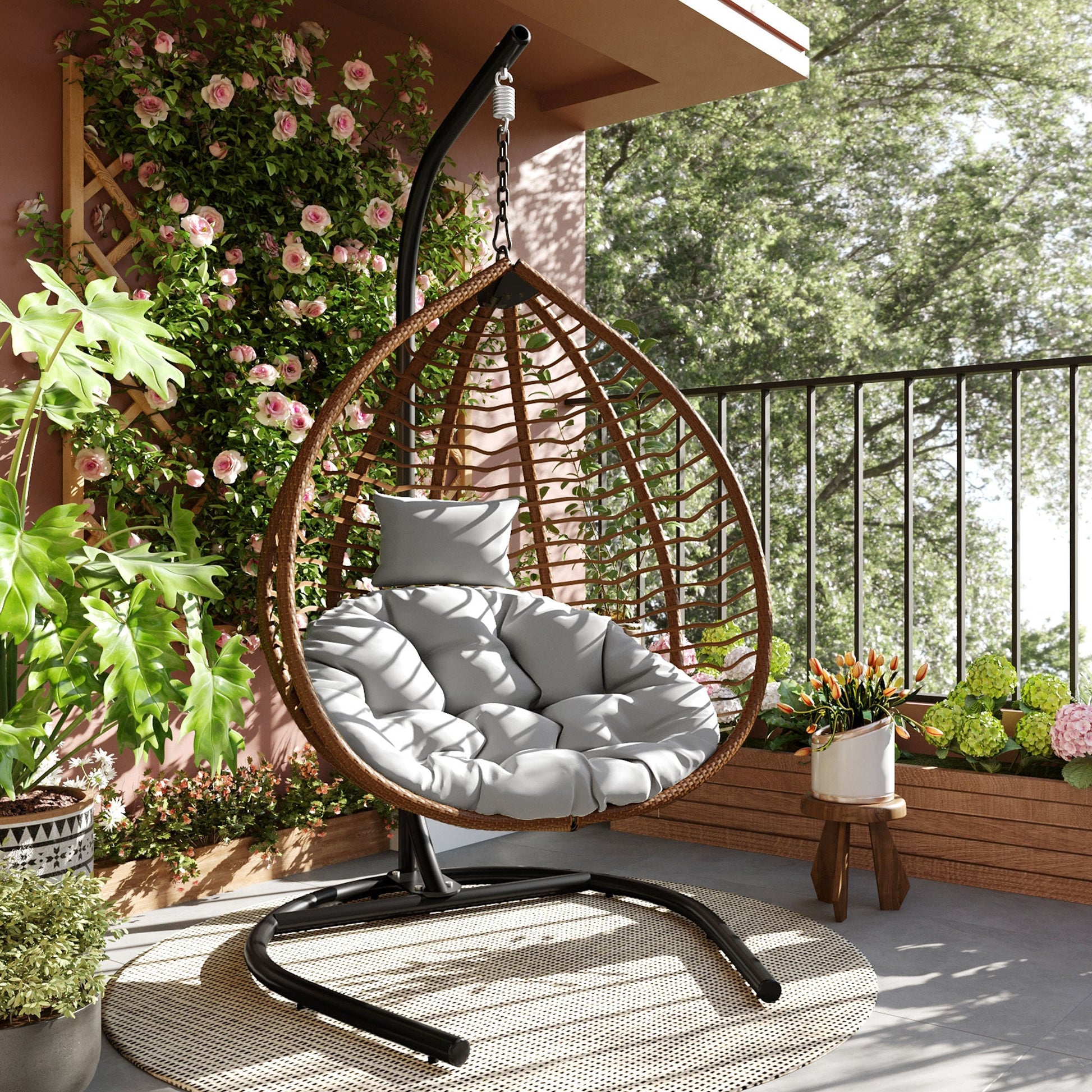 U_STYLE Indoor Outdoor Hanging Hammock Chair with Stand, Foldable Rattan Egg Swing Chair with Iron Frame and Plush Cushion & Removable Headrest,Suitable for Porch Garden,Balcony,Indoor - 1st Choice Furniture Direct