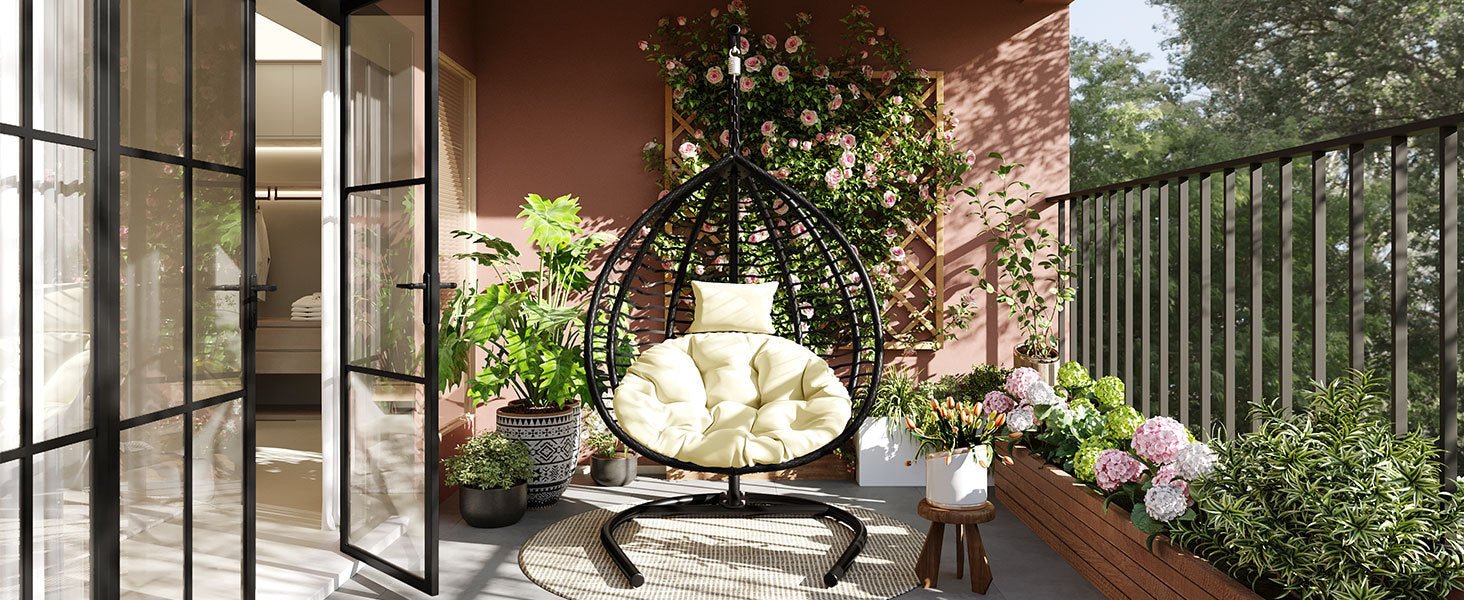 U_STYLE Indoor Outdoor Hanging Hammock Chair with Stand, Foldable Rattan Egg Swing Chair with Iron Frame and Plush Cushion & Removable Headrest,Suitable for Porch Garden,Balcony,Indoor - 1st Choice Furniture Direct