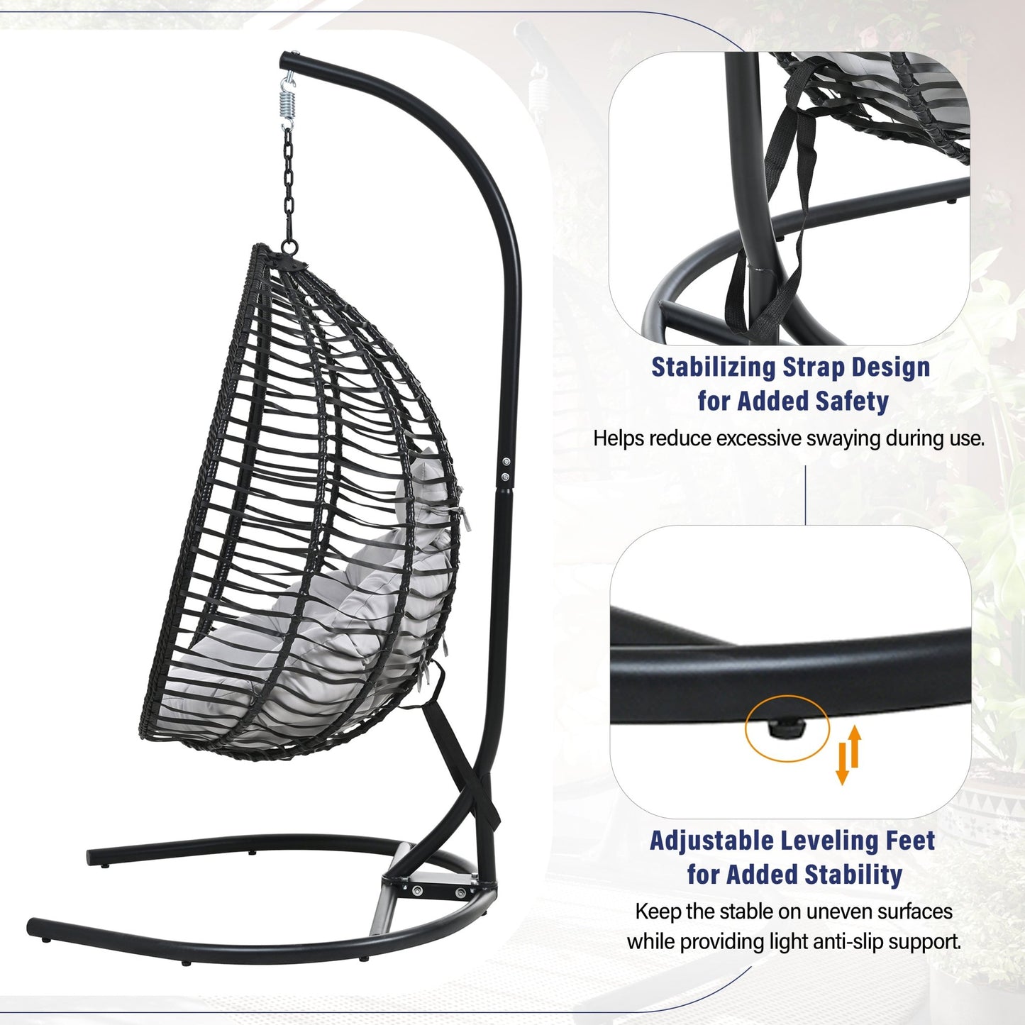 U_STYLE Indoor Outdoor Hanging Hammock Chair with Stand, Foldable Rattan Egg Swing Chair with Iron Frame and Plush Cushion & Removable Headrest,Suitable for Porch Garden,Balcony,Indoor - 1st Choice Furniture Direct