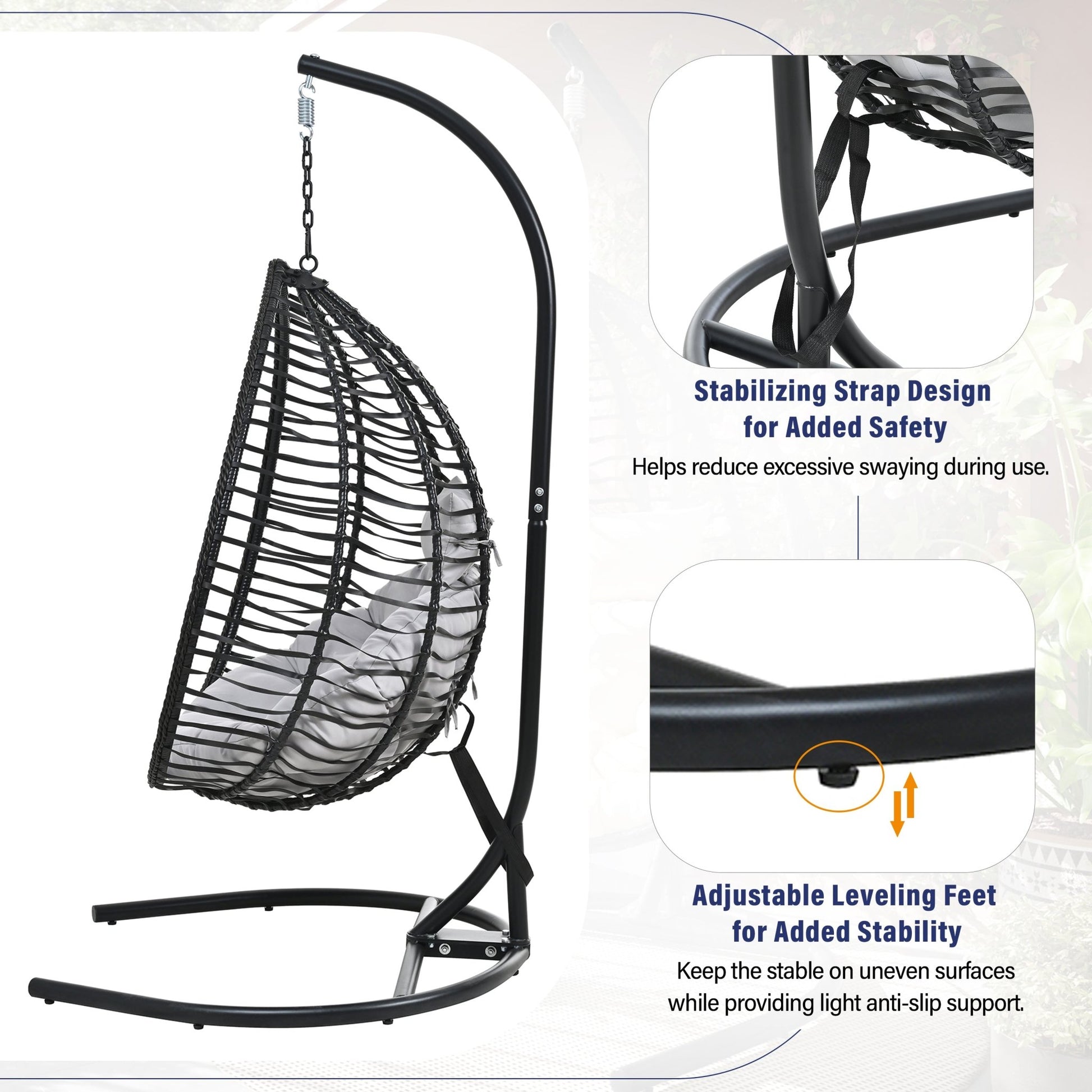 U_STYLE Indoor Outdoor Hanging Hammock Chair with Stand, Foldable Rattan Egg Swing Chair with Iron Frame and Plush Cushion & Removable Headrest,Suitable for Porch Garden,Balcony,Indoor - 1st Choice Furniture Direct