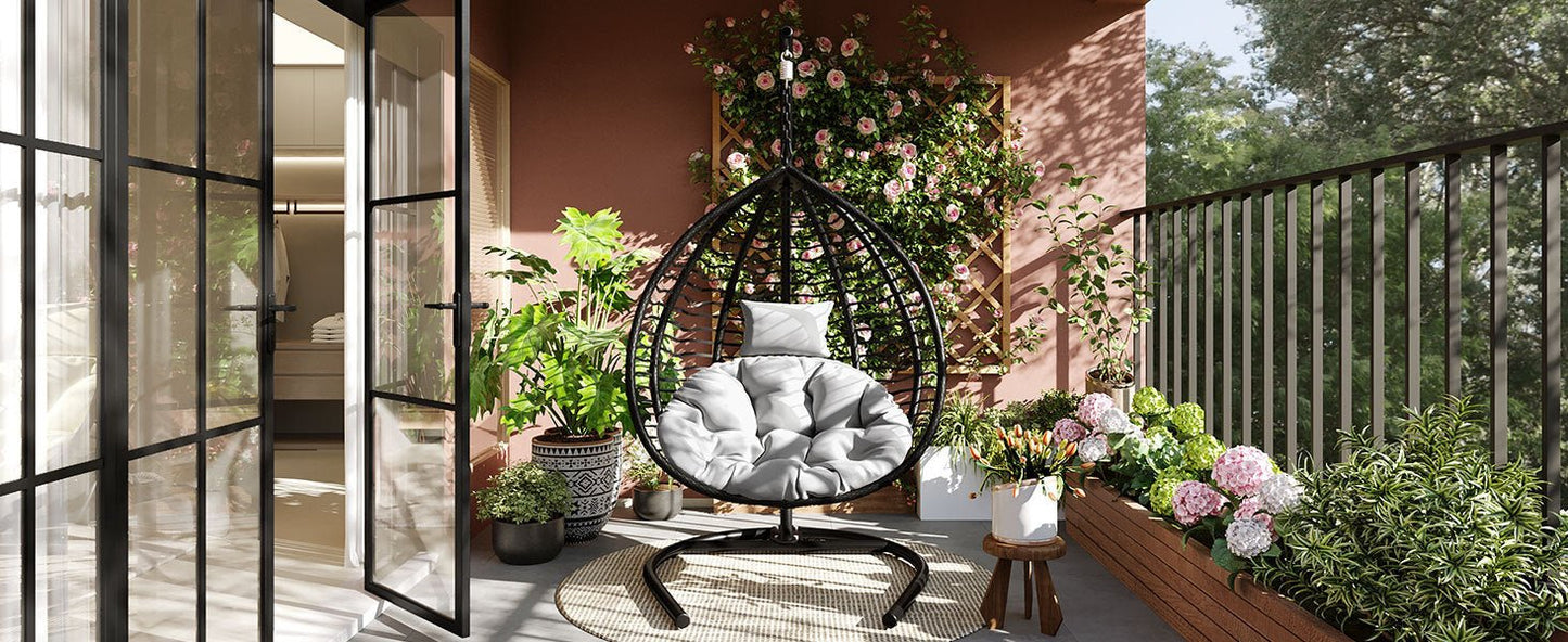 U_STYLE Indoor Outdoor Hanging Hammock Chair with Stand, Foldable Rattan Egg Swing Chair with Iron Frame and Plush Cushion & Removable Headrest,Suitable for Porch Garden,Balcony,Indoor - 1st Choice Furniture Direct