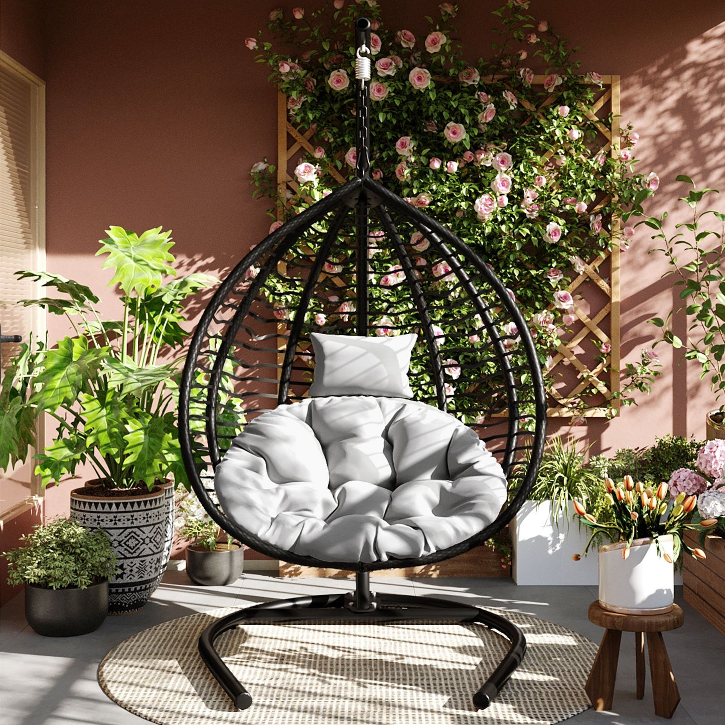 U_STYLE Indoor Outdoor Hanging Hammock Chair with Stand, Foldable Rattan Egg Swing Chair with Iron Frame and Plush Cushion & Removable Headrest,Suitable for Porch Garden,Balcony,Indoor - 1st Choice Furniture Direct