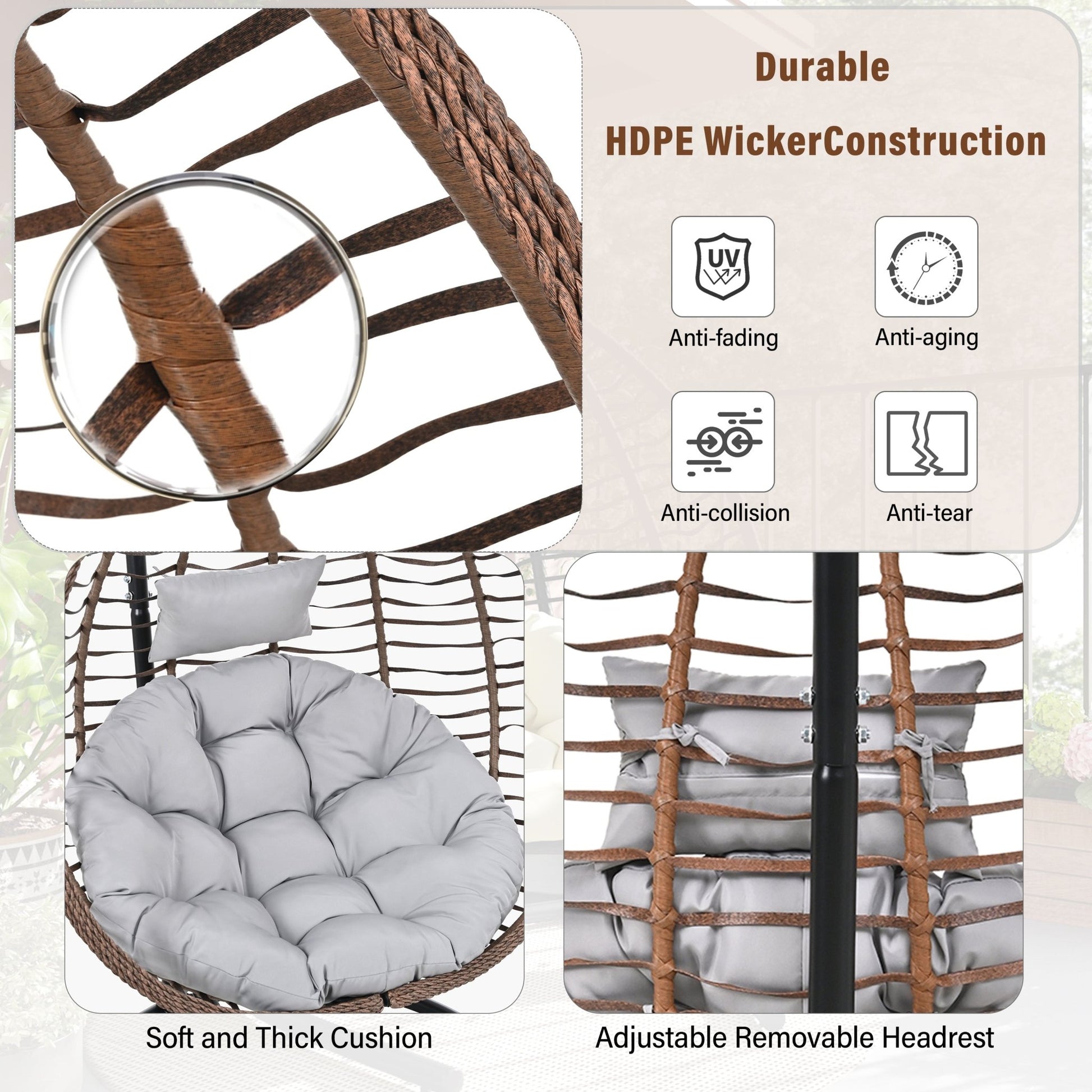 U_STYLE Indoor Outdoor Hanging Hammock Chair with Stand, Foldable Rattan Egg Swing Chair with Iron Frame and Plush Cushion & Removable Headrest,Suitable for Porch Garden,Balcony,Indoor - 1st Choice Furniture Direct