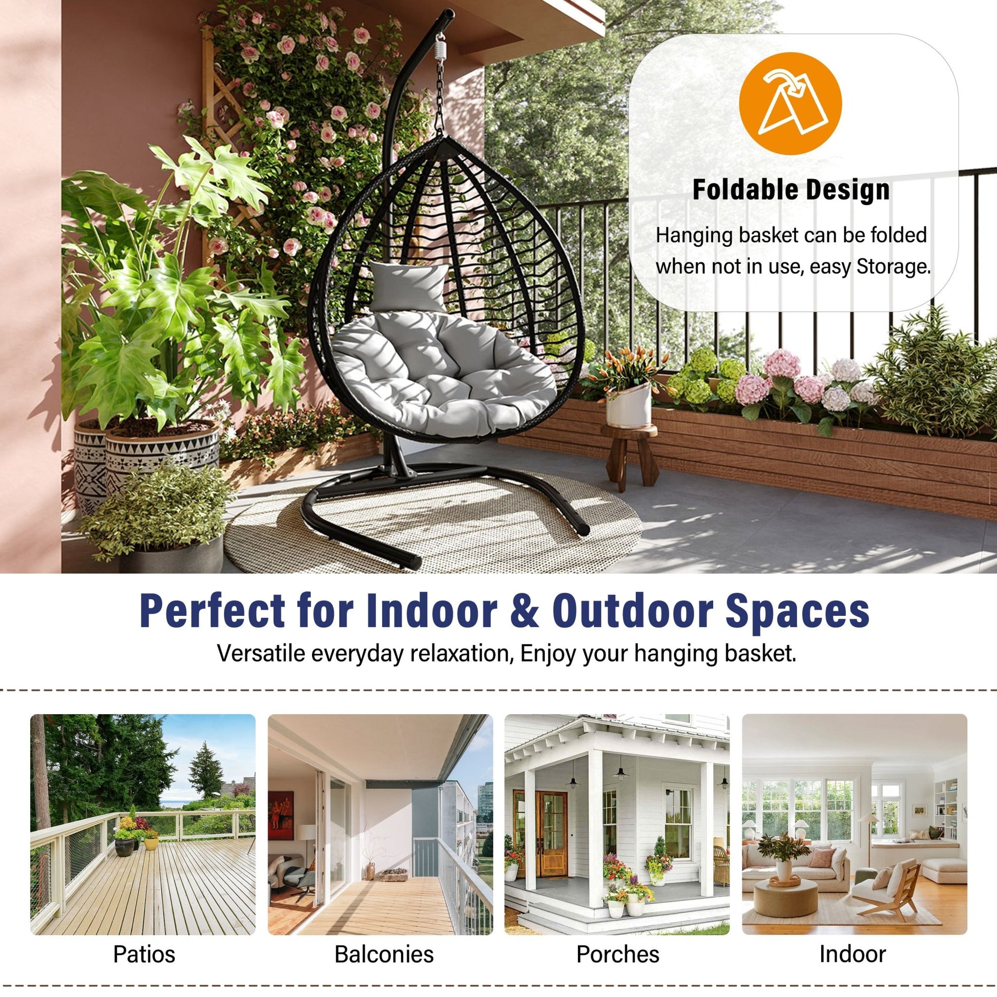 U_STYLE Indoor Outdoor Hanging Hammock Chair with Stand, Foldable Rattan Egg Swing Chair with Iron Frame and Plush Cushion & Removable Headrest,Suitable for Porch Garden,Balcony,Indoor - 1st Choice Furniture Direct
