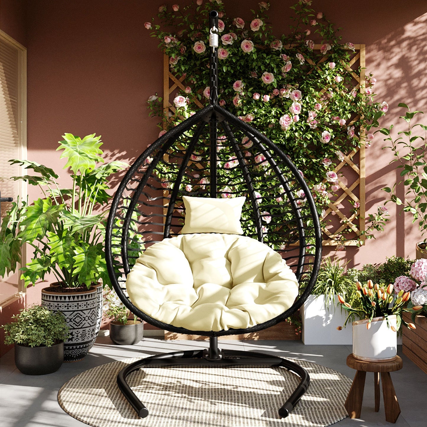U_STYLE Indoor Outdoor Hanging Hammock Chair with Stand, Foldable Rattan Egg Swing Chair with Iron Frame and Plush Cushion & Removable Headrest,Suitable for Porch Garden,Balcony,Indoor - 1st Choice Furniture Direct