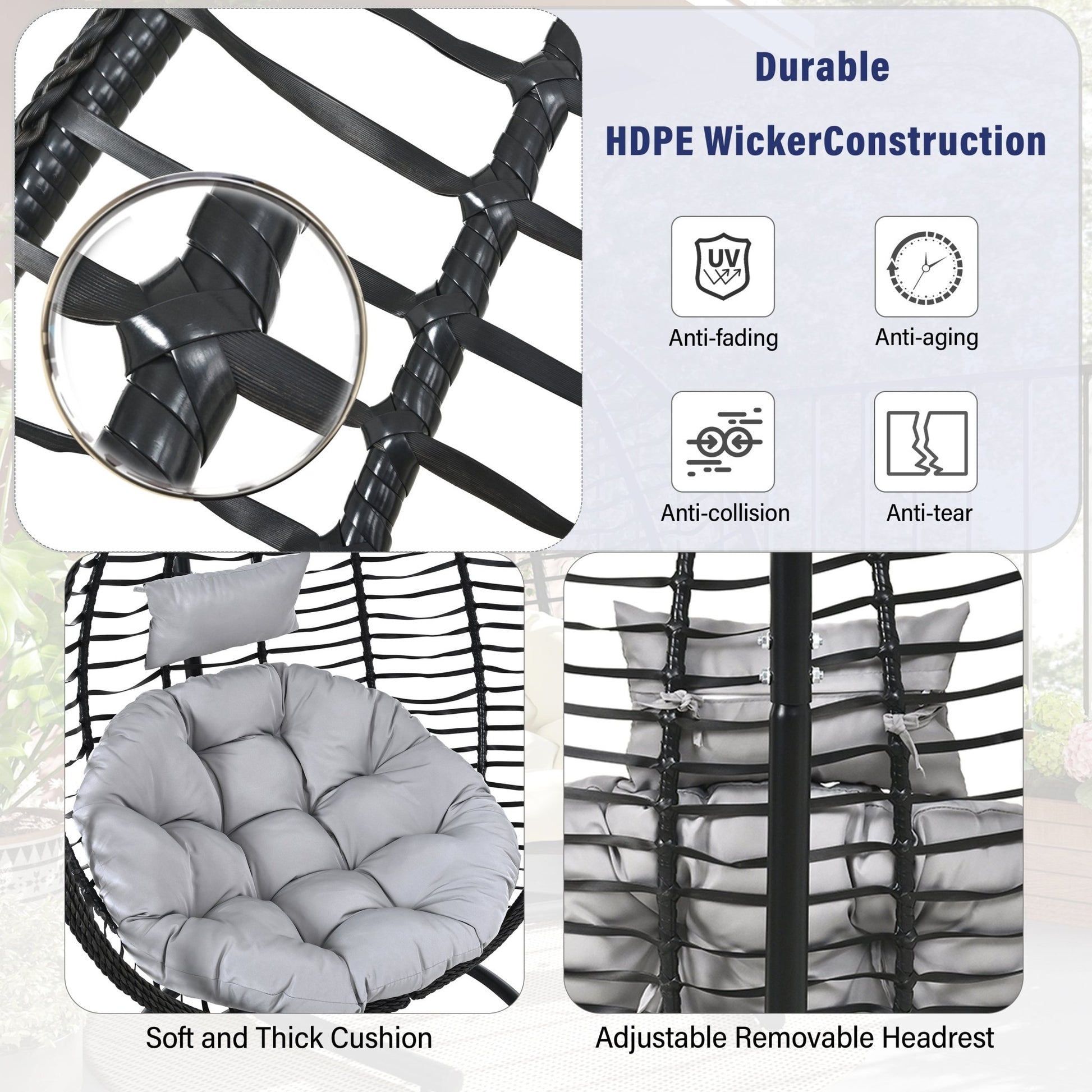 U_STYLE Indoor Outdoor Hanging Hammock Chair with Stand, Foldable Rattan Egg Swing Chair with Iron Frame and Plush Cushion & Removable Headrest,Suitable for Porch Garden,Balcony,Indoor - 1st Choice Furniture Direct