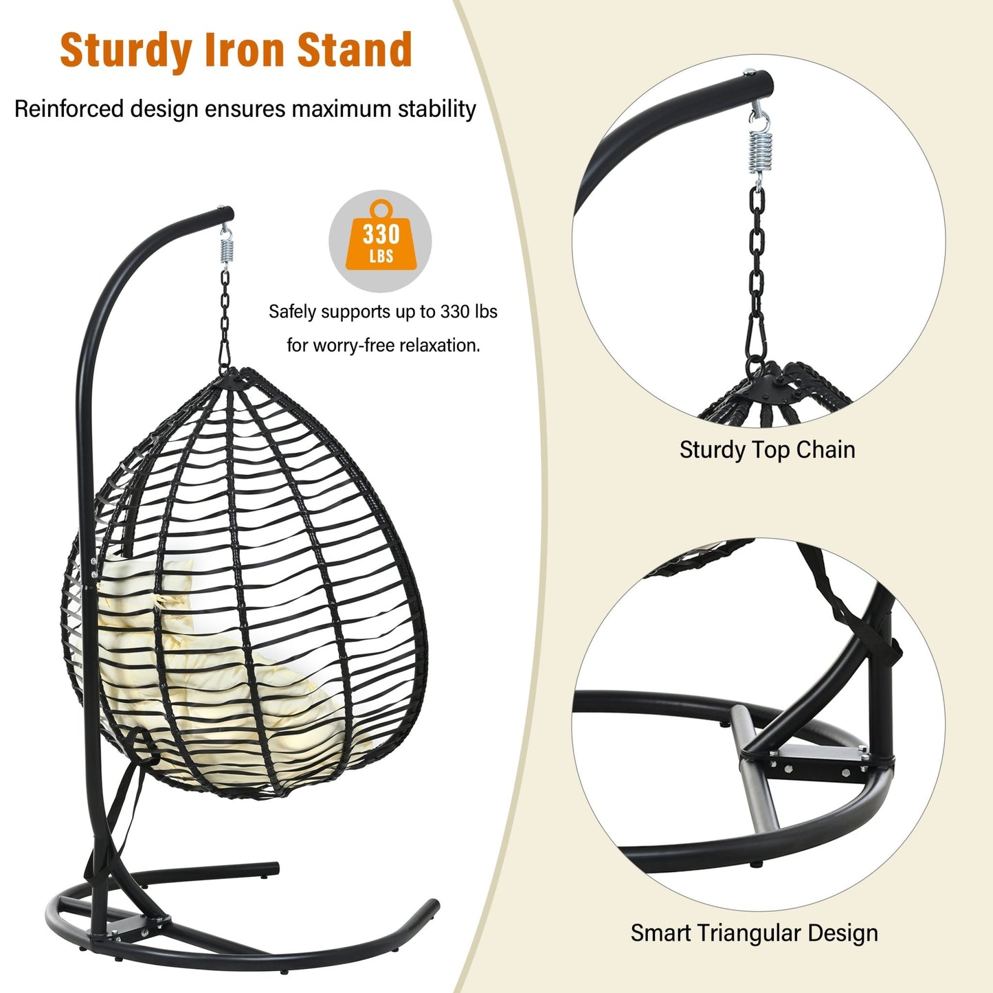 U_STYLE Indoor Outdoor Hanging Hammock Chair with Stand, Foldable Rattan Egg Swing Chair with Iron Frame and Plush Cushion & Removable Headrest,Suitable for Porch Garden,Balcony,Indoor - 1st Choice Furniture Direct
