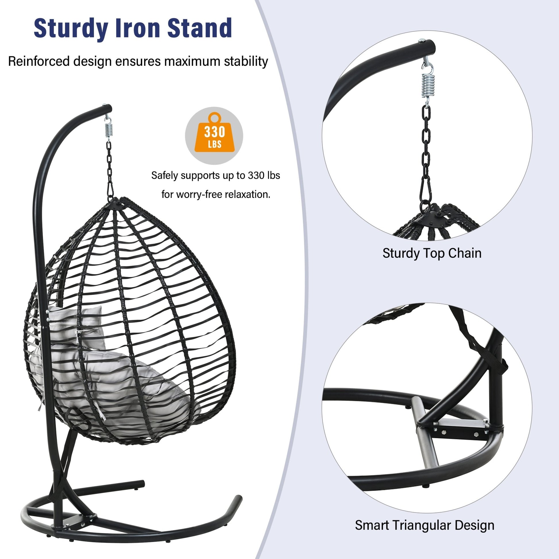 U_STYLE Indoor Outdoor Hanging Hammock Chair with Stand, Foldable Rattan Egg Swing Chair with Iron Frame and Plush Cushion & Removable Headrest,Suitable for Porch Garden,Balcony,Indoor - 1st Choice Furniture Direct