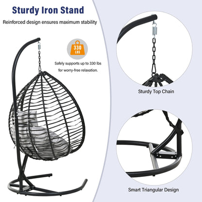 U_STYLE Indoor Outdoor Hanging Hammock Chair with Stand, Foldable Rattan Egg Swing Chair with Iron Frame and Plush Cushion & Removable Headrest,Suitable for Porch Garden,Balcony,Indoor - 1st Choice Furniture Direct
