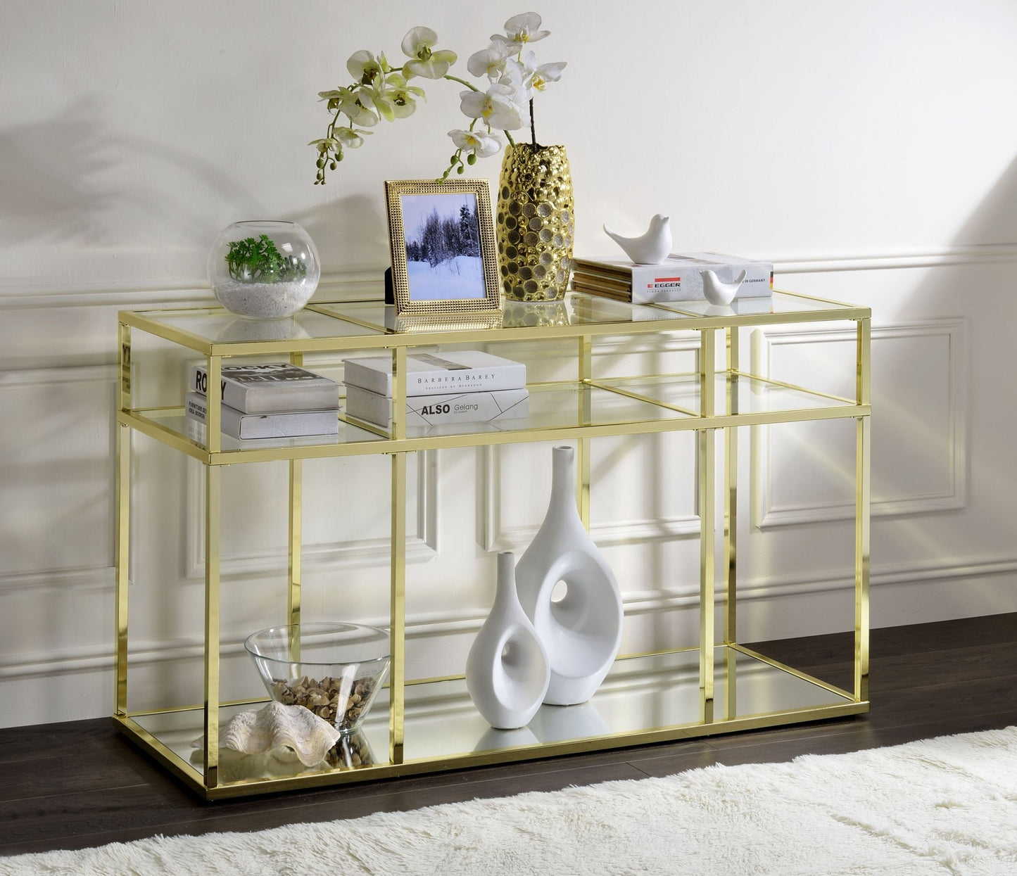 Uchenna Clear Glass & Gold Finish Sofa Table - 1st Choice Furniture Direct