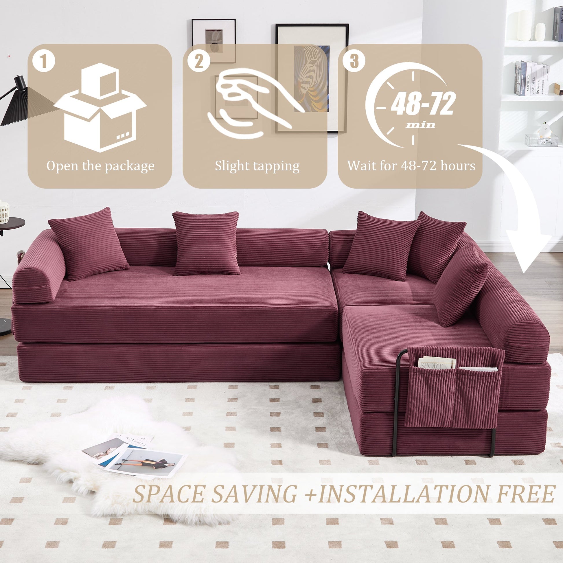 UNITED WE WIN convertible folding sofa bed, with fixed frame and pillow back handrail, cloud corduroy folding mattress sofa, folding memory foam bed in living room/dormitory/guest room/home office/apt - 1st Choice Furniture Direct