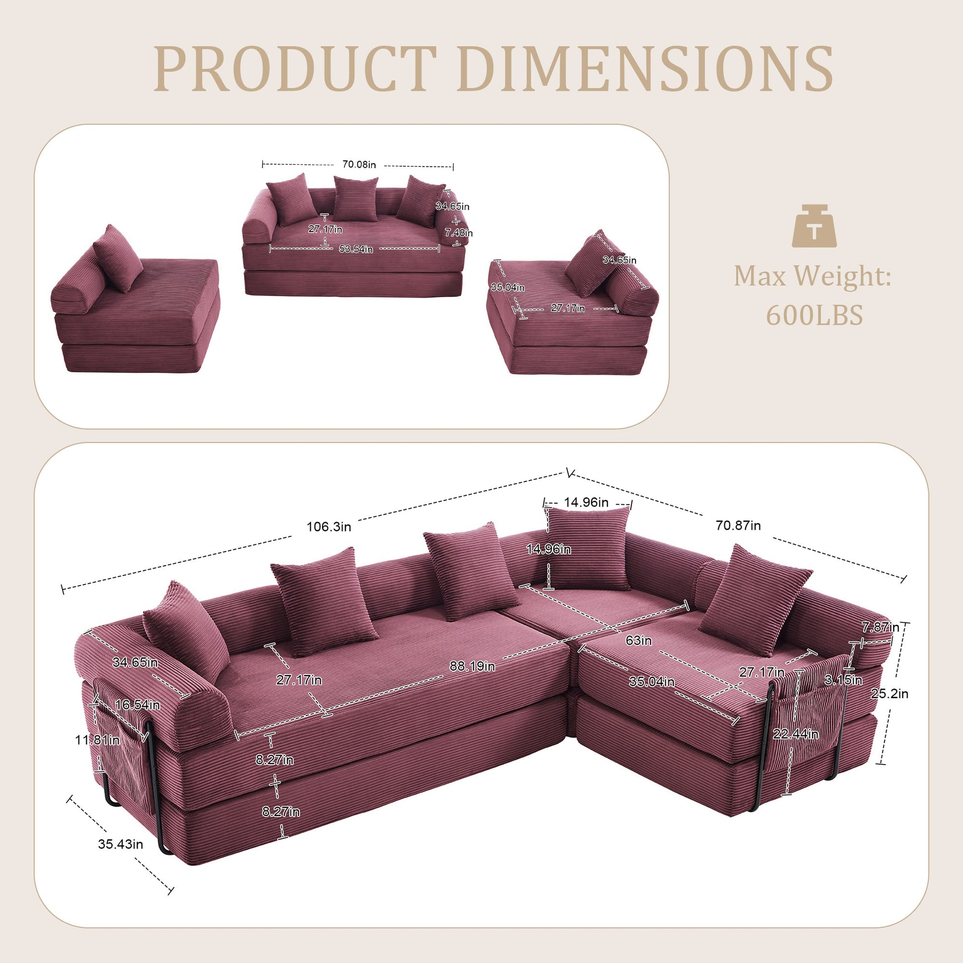 UNITED WE WIN convertible folding sofa bed, with fixed frame and pillow back handrail, cloud corduroy folding mattress sofa, folding memory foam bed in living room/dormitory/guest room/home office/apt - 1st Choice Furniture Direct