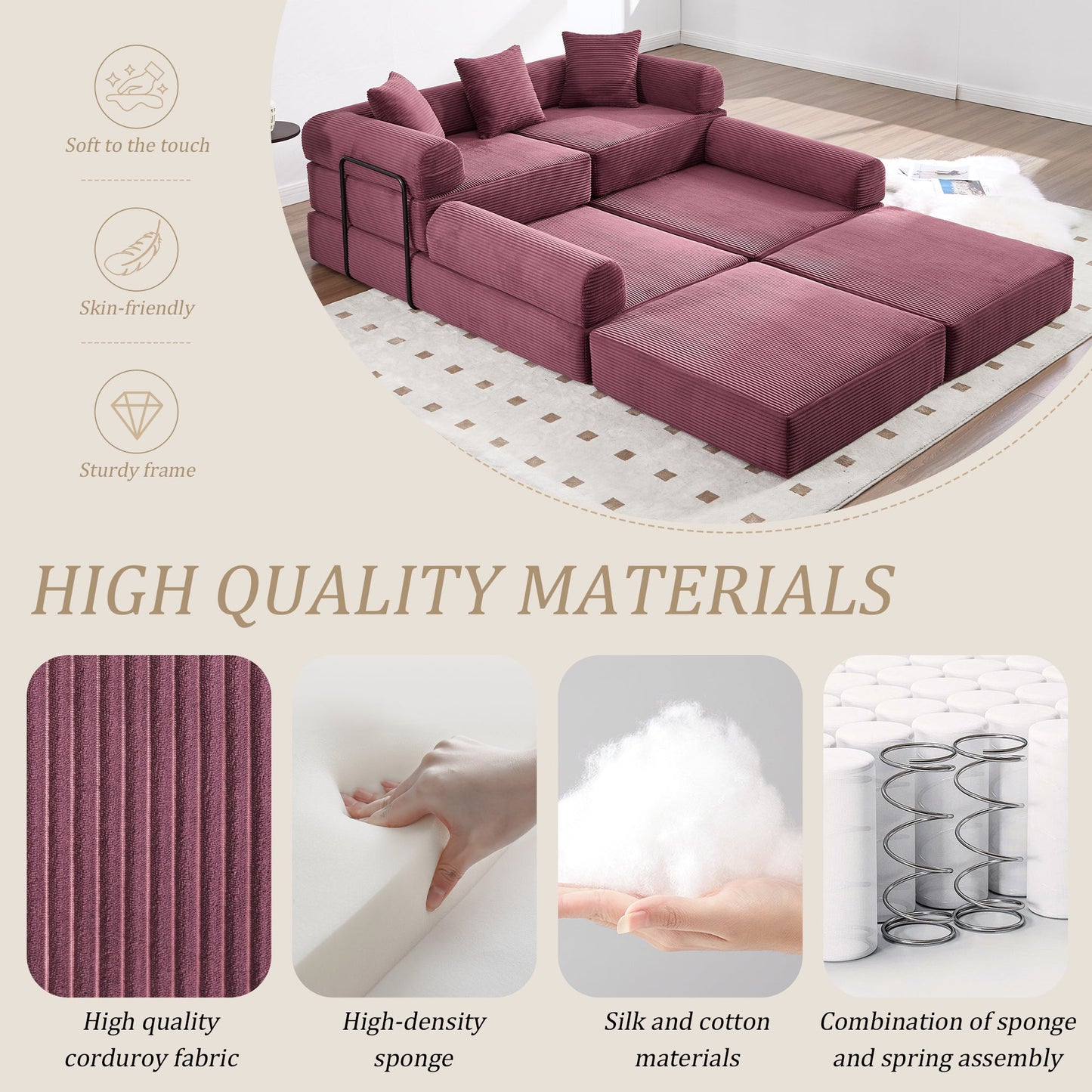 UNITED WE WIN convertible folding sofa bed, with fixed frame and pillow back handrail, cloud corduroy folding mattress sofa, folding memory foam bed in living room/dormitory/guest room/home office/apt - 1st Choice Furniture Direct
