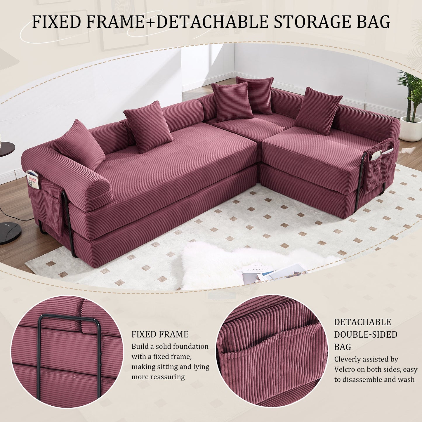 UNITED WE WIN convertible folding sofa bed, with fixed frame and pillow back handrail, cloud corduroy folding mattress sofa, folding memory foam bed in living room/dormitory/guest room/home office/apt - 1st Choice Furniture Direct