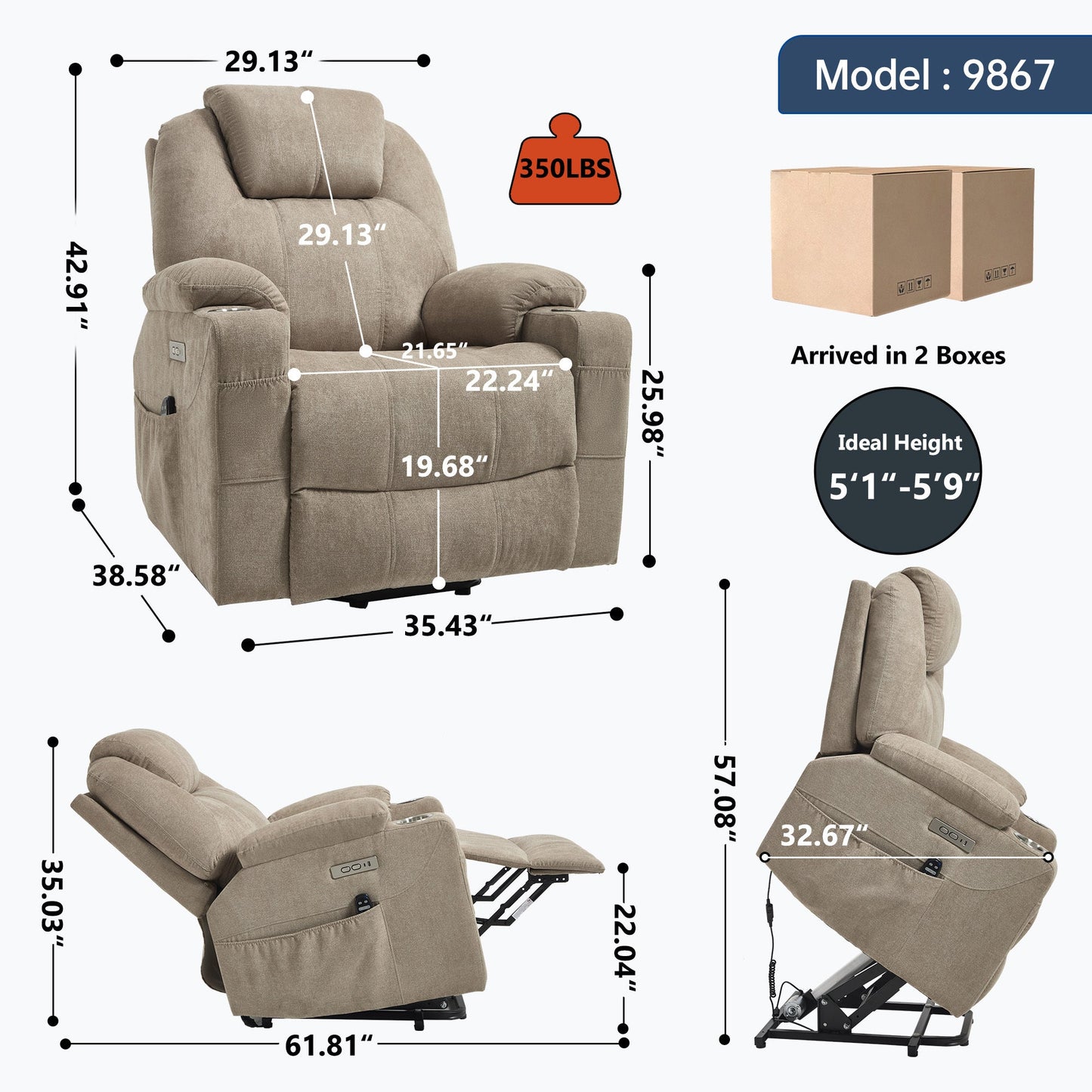 Up to 350 LBS polyester Power Lift Recliner Chair, Heavy Duty Motion Mechanism with 8 - Point Vibration Massage and Lumbar Heating, USB and Type - C Ports, Stainless Steel Cup Holders, Khaki - 1st Choice Furniture Direct
